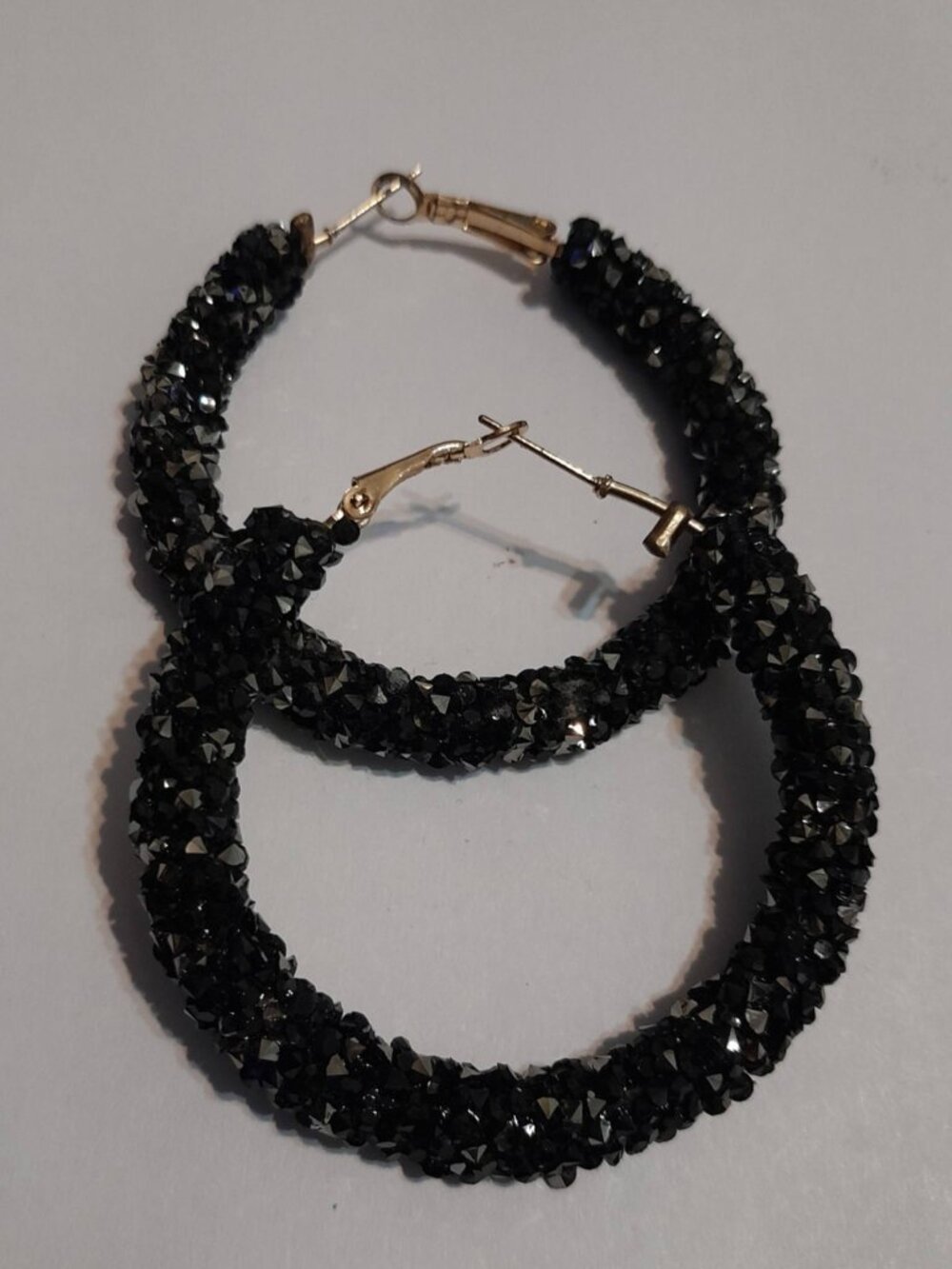 Black Sparkling Hoop Earrings – Faceted Statement Hoops for Pierced Ears